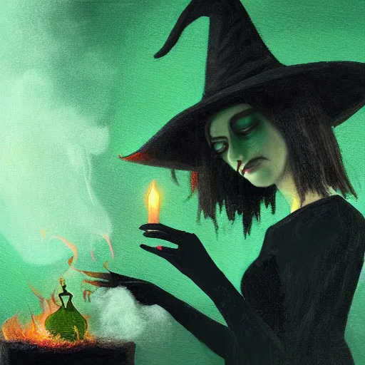 Image similar to close shot of a witch brewing in her lair, depressing, gloomy, tired, detailed, witch hat, dungeon, green smoke, fire, smoke, realism, realistic, hyper detailed, green lighting, ambient lighting, smoke, haze, bokeh, acrylic, digital painting,