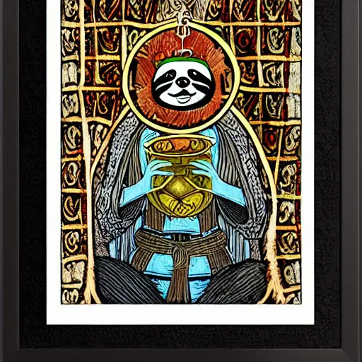 Image similar to sloth as the king of cups, framed, intricate details, medieval art style, high contrast, posterized