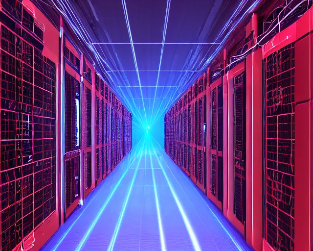 Image similar to datacenter with server in the middle, red laser grid, deep view, heavy blue led lights, wires connected, award winning, extremely detailed, artstation, 8 k, incredible art