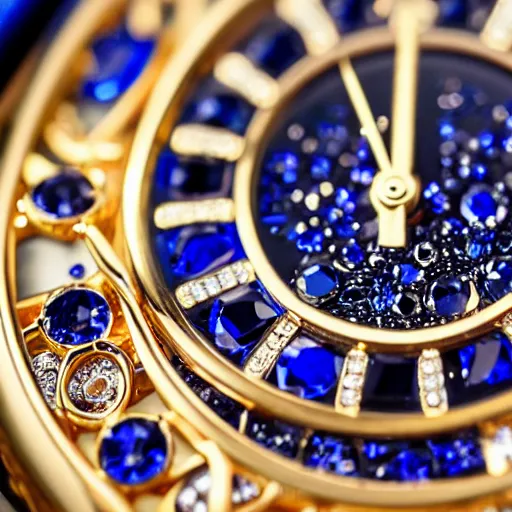 Image similar to close up of a sapphire and gold wrist watch, intricate, complex, high detail