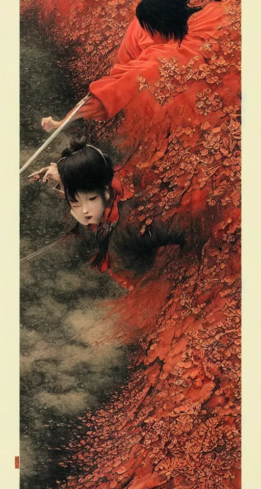 Image similar to Japanese schoolgirl runs away from Samurai with a katana on the subway, high detailed Beksinski painting, part by Adrian Ghenie and Gerhard Richter. art by Takato Yamamoto. masterpiece, deep colours, red