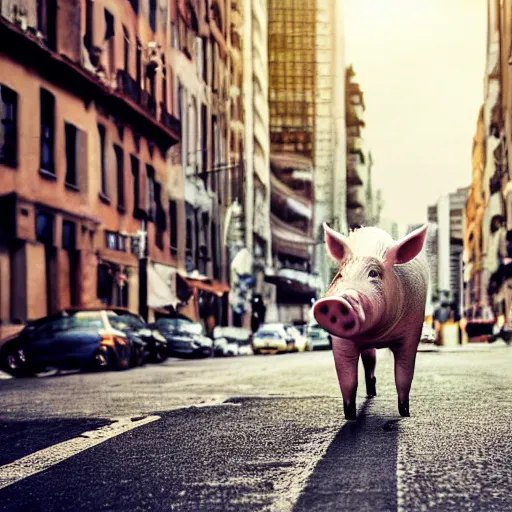 Image similar to award - winning hyperdetailed photograph of a giant!!!!!! pig walking across a city, 4 k, 8 k, high quality