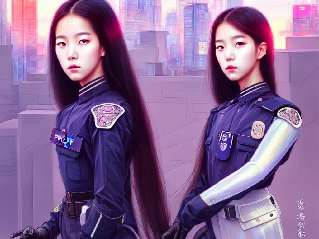 Prompt: portrait jisoo blackpink futuristic korea police uniform girl, at future neon light rooftop, ssci - fi and fantasy, intricate and very very beautiful and elegant, highly detailed, digital painting, artstation, concept art, smooth and sharp focus, illustration, art by tan zi and ayanamikodon and alphonse mucha and wlop