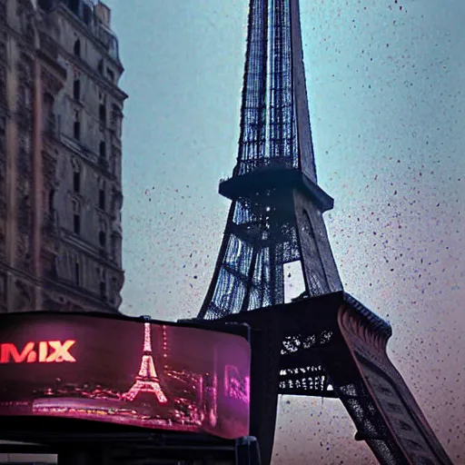 Prompt: A beautiful intricate 8K award-winning ground-level cinematic movie photograph of the future destroyed and decaying Eiffel Tower, surrounded by neon and broken corporate video billboard displays. in the year 2050, by Bruno Delbonnel and greg rutkowski. Arri Alexa 65, IMAX 70mm footage. Dirty billboards. Cinematic lighting