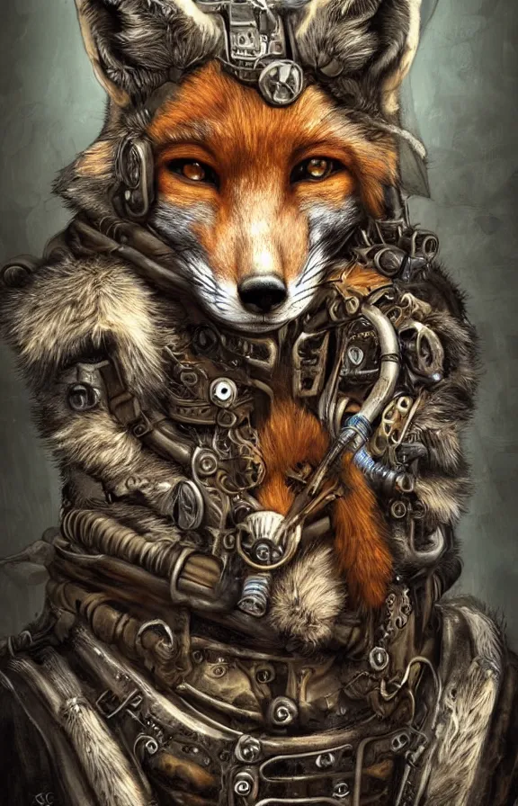 Image similar to realistic detailed portrait of fox warrior, tech warrior, steampunk, post apocalyptic, fantasy art, art nouveau, victorian, neo - gothic, gothic, character concept design