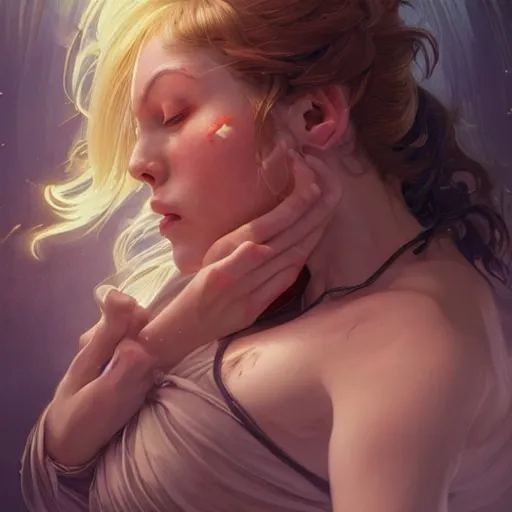 Image similar to giantess woman swallowing a person whole, intricate, highly detailed, digital painting, artstation, concept art, smooth, sharp focus, illustration, unreal engine 5, 8 k, art by artgerm and greg rutkowski and alphonse mucha