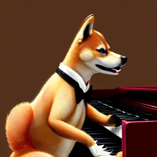 Image similar to a shiba inu man mutant playing a piano,wearing a tuxedo suit,digital art,ultra realistic,ultra detailed,art by greg rutkowski,hyperdetailed,detailed face,professional lighting,dramatic,3 point lighting