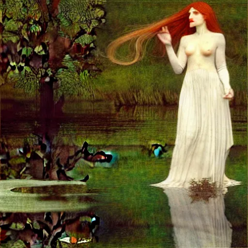 Prompt: bella thorne as an ethereal ghost rising from a lake by william dyce and dante gabriel rossetti and william morris and william waterhouse