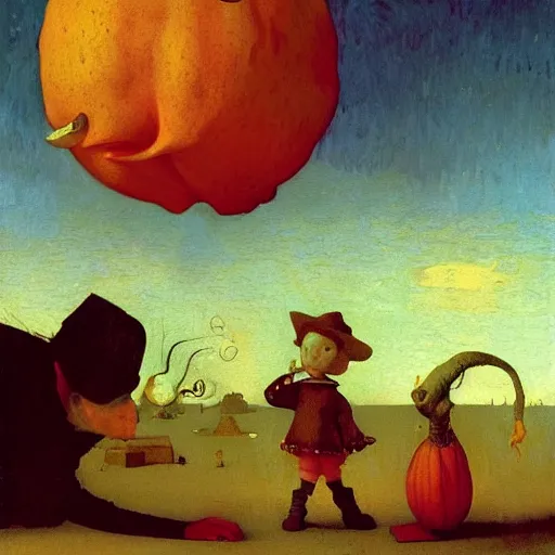 Image similar to james and the giant peach!!!!! illustrated by johannes vermeer, greg rutkowski, gaston bussiere, van gogh, davinci, and zdzisław beksinski, award - winning, cgsociety contest winner