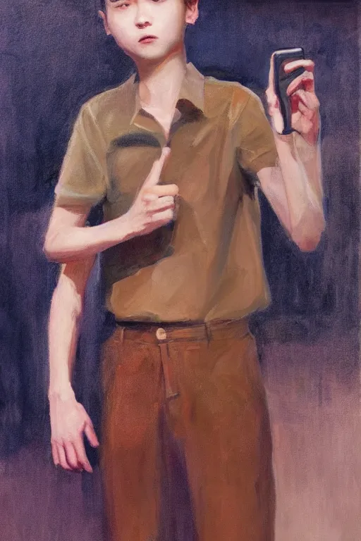 Prompt: realistic detailed full body picture of a sad finnish boy dancing in a south korean night club with a phone in hand, short brown hair, big eyes, masculine jawline, colorful, oil painting, cinematic lighting