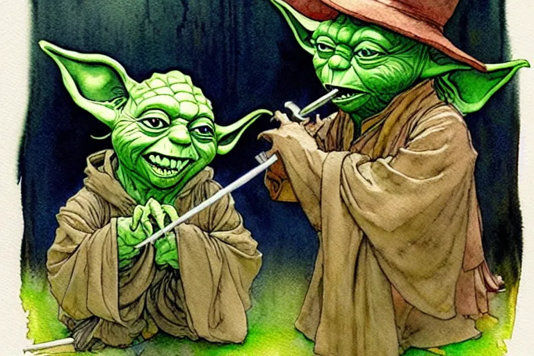 Image similar to a realistic and atmospheric watercolour fantasy character concept art portrait of yoda with bloodshot eyes laughing holding a blunt with a pot leaf nearby, by rebecca guay, michael kaluta, charles vess and jean moebius giraud