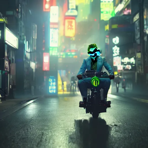 Image similar to the joker from batman riding a tricycle in a neotokyo street, cyberpunk, movie still, 4 k