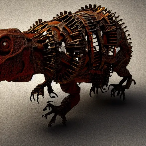 Image similar to a t-rex made of rusty gears, octane render, 3D