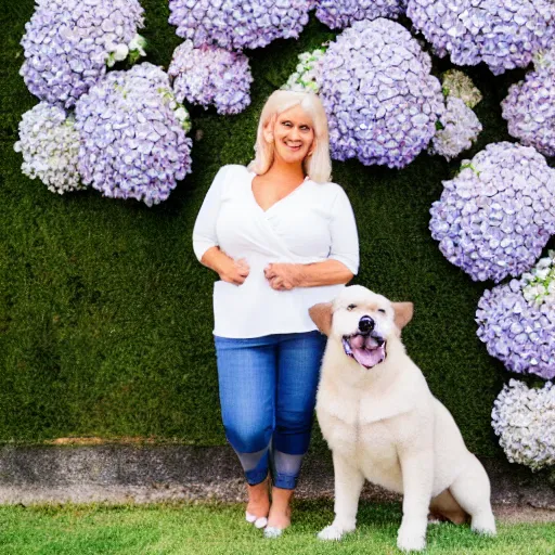 Image similar to 6 0 year old curvy blonde woman, welcoming grin, surrounded by hydrangeas, with a small white happy dog at her side, portrait, headshot, detailed, high quality