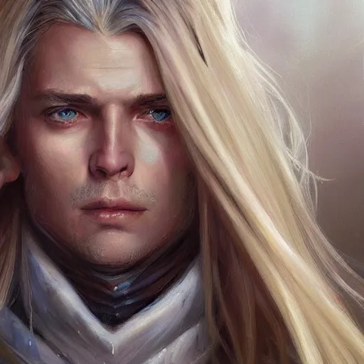 Image similar to 2 7 year old male with blue eyes and long straight blonde hair as a fantasy d & d character, closeup portrait art by donato giancola and greg rutkowski, realistic face, clean shaven, feminine features, digital art, trending on artstation, symmetry!!