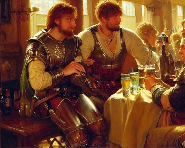 Image similar to attractive arthur pendragon and attractive lancelot go to a pub together to have some drinks. highly detailed painting by gaston bussiere, craig mullins, j. c. leyendecker 8 k