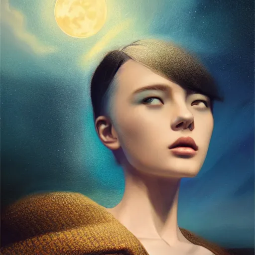 Prompt: 3 d, fashion model face, sci - fi, night, moon rays, cinematic, clouds, vogue cover style, blue mood, realistic painting, intricate oil painting, high detail illustration, figurative art, multiple exposure, poster art, 3 d, by tooth wu and wlop and beeple and greg rutkowski