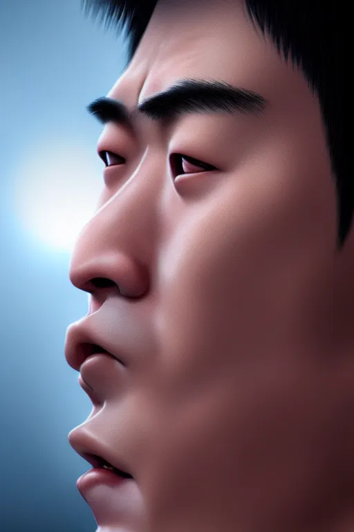 Image similar to hyperrealistic close-up very expressive biomechanic chinese man highly detailed concept art eric zener elson peter cinematic blue lighting high angle hd 8k sharp shallow depth of field