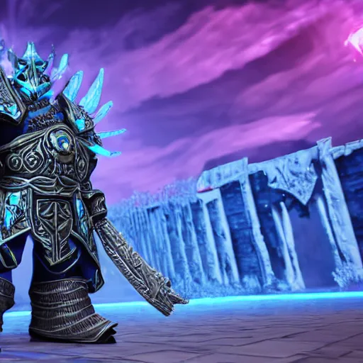 Image similar to lich king at the gym, vaporwave, music, soundwave, trending on artstation, unreal engine 5