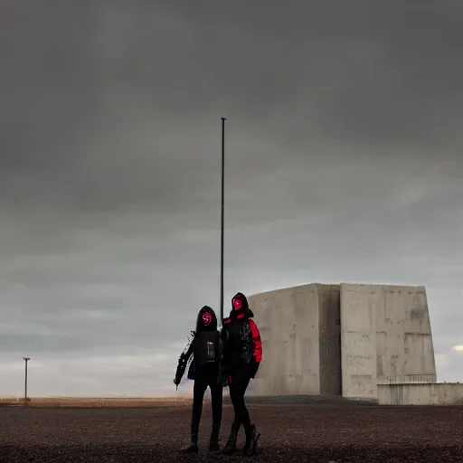 Image similar to photograph of 2 women wearing techwear in front of a brutalist metal building, on a desolate plain, red eerie sky, sigma 8 5 mm f / 1. 4, 4 k, depth of field, high resolution, 4 k, 8 k, hd, full color