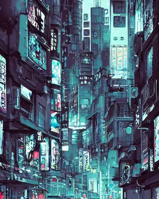 Image similar to manga illustration of poor cyberpunk city, rainy weather, highly detailed,