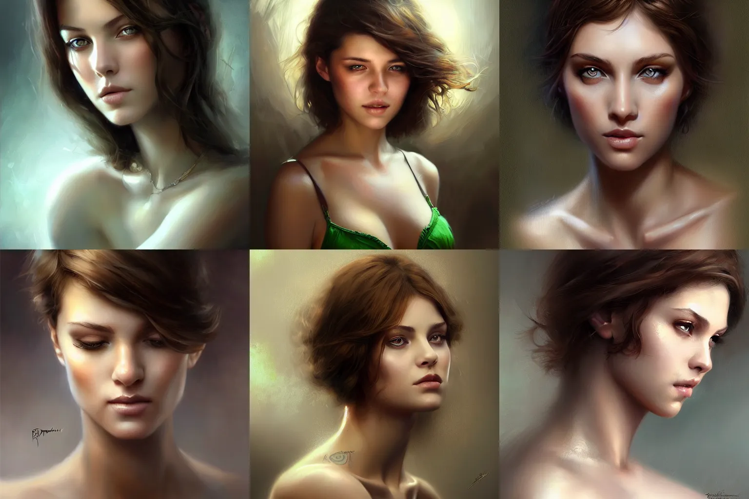 Prompt: beautiful young woman, green eyes, short brown hair, digital painting, extremely detailed, 4k, intricate, brush strokes, Mark Arian, Artgerm, Bastien Lecouffe-Deharme