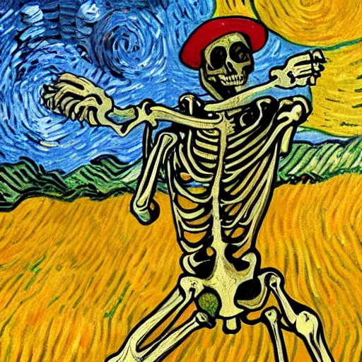 Image similar to a bloody skeleton holding a knife in the style of vincent van gogh