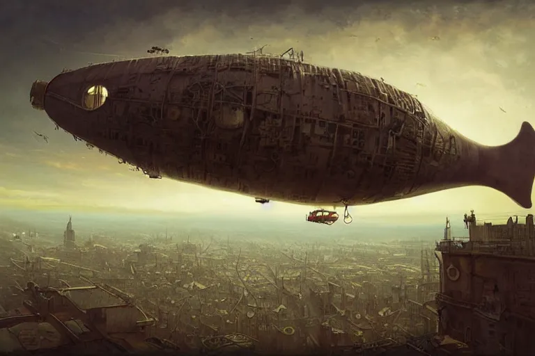 Prompt: a pig-blimp, steampunk, digital art, extremely detailed, flying over a city, greg rutkowski, cinematic