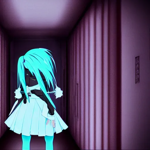 Image similar to miku peeking at you from behind a corner in a dark spooky hallway