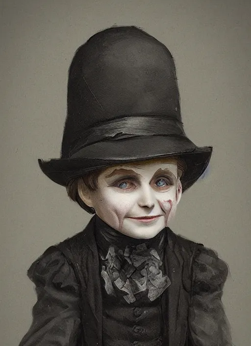 Image similar to portrait of an evil victorian child with dark sunken eyes and a creepy grin, digital art, trending on artstation