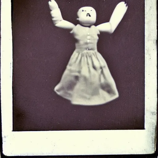 Prompt: 1 9 5 0 s, creepy dolls jumping towards viewer, horror, lost photograph, forgotten, polaroid,