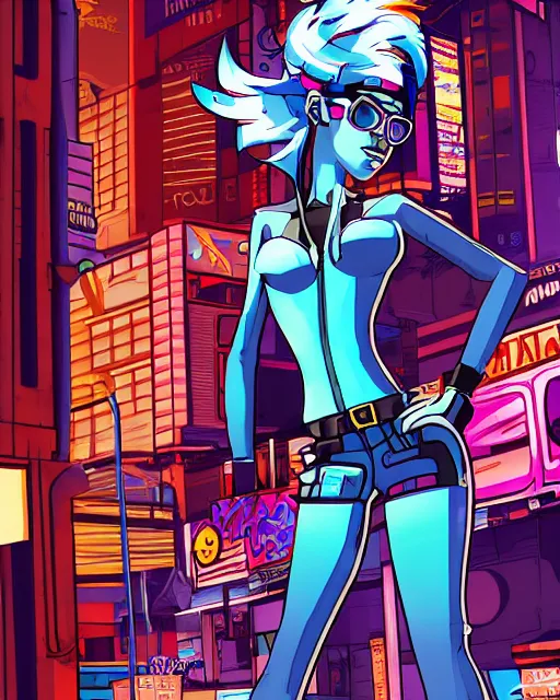 Image similar to cel shaded art of a pretty blue haired girl, jet grind radio graphics, cyberpunk city street background