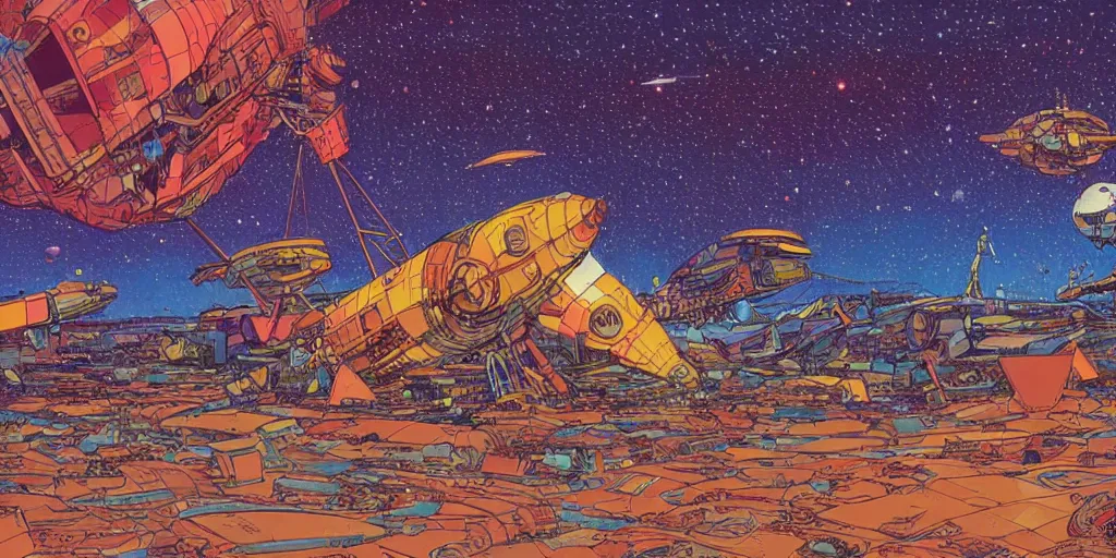 Prompt: colourful illustration of a space junkyard. futuristic high tech wrecked spaceship. thousands of stars in the background. art by moebius. science fiction art. detailed digital painting.