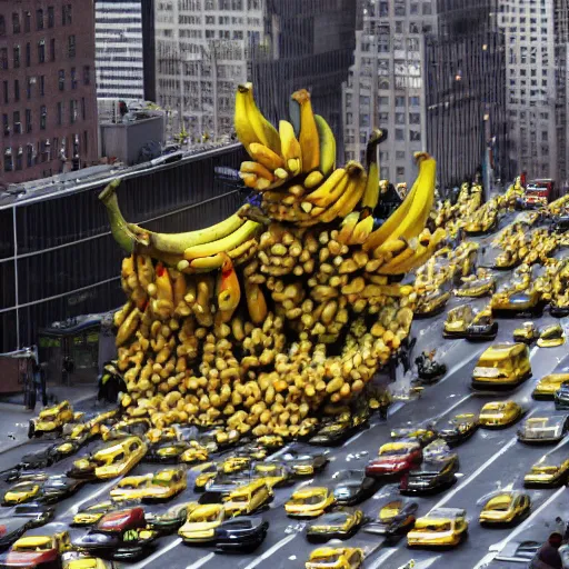 Prompt: associated press photo of giant bananas falling from the sky in new york city, crushed cars, realistic, 4 k photo