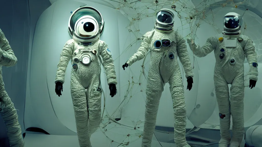 Image similar to a cybernetic symbiosis of a single astronaut eva suit infected with diamond 3d fractal lace iridescent bubble 3d skin covered with insectoid compound eye camera lenses floats through the living room, film still from the movie directed by Denis Villeneuve with art direction by Salvador Dalí, wide lens,