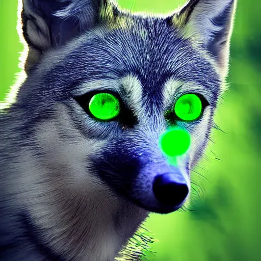 Image similar to winged wolf with glowing green eyes, award winning photograph