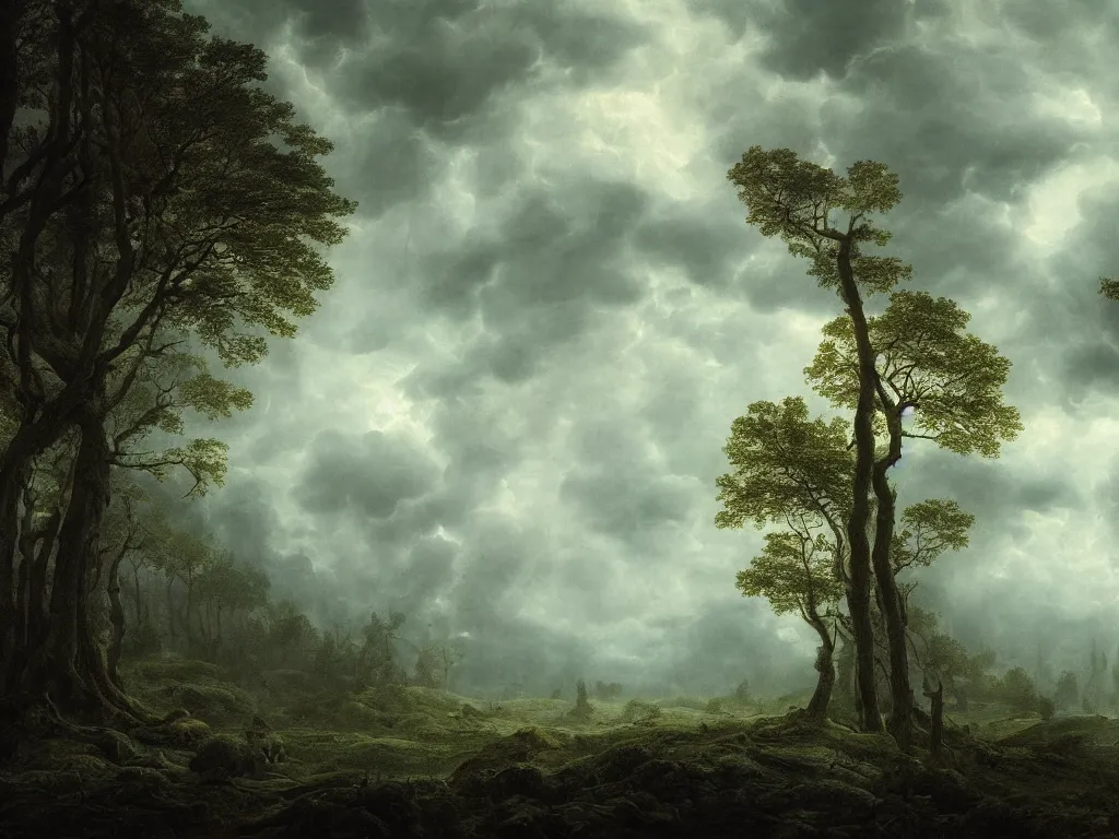 Prompt: detailed landscape, forests. very detailed dark super storm, hyper realistic clouds, impressive, magical, very atmospheric, smoke boiling, cinematic, deep, very high complexity, stunning, masterpiece, chiaroscuro, in the style of caspar david friedrich, very detailed. 4 k