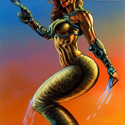 Image similar to mermaid cyborg with a laser whip, realistic, detailed, in the style of boris vallejo