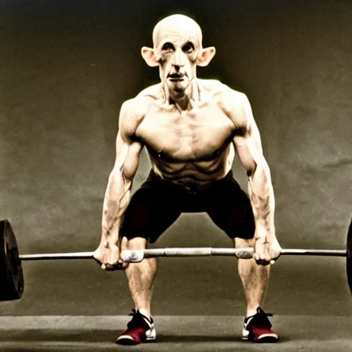 Prompt: portrait of nosferatu doing weightlifting, sport photography