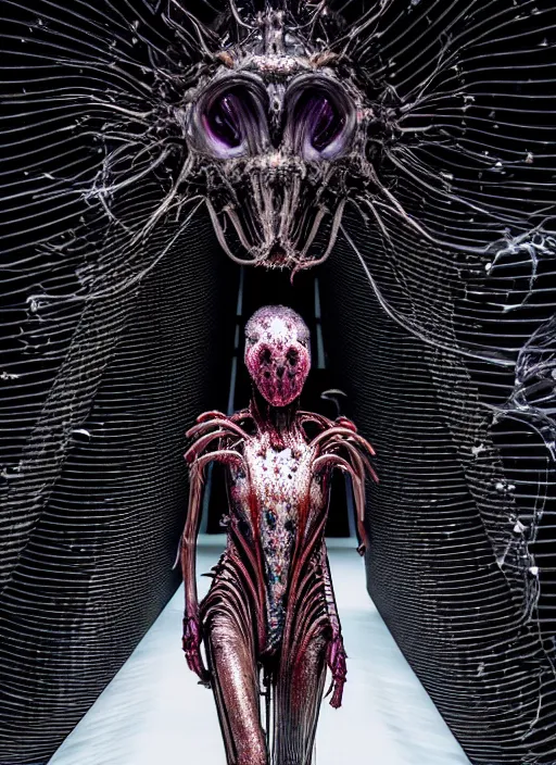 Image similar to walking down the catwalk, steven klein, show, stage, vogue photo, podium, fashion show photo, iris van herpen, beautiful woman, full body shot, helmet on face, masterpiece, plant predator, giger, guyver, jellyfish, biomechanical details, movie still, fauvism, cinestill, bokeh, gelios lens