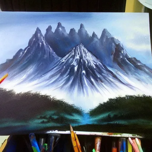 Image similar to mordor from the lord of the rings, painting by bob ross