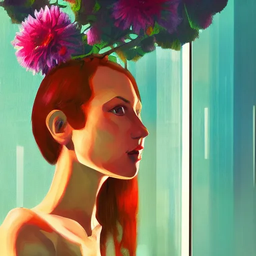 Image similar to closeup, giant flower head, woman next to modern windows, luxury apartment, surreal photography, dramatic light, impressionist painting, digital painting, artstation, james gilleard