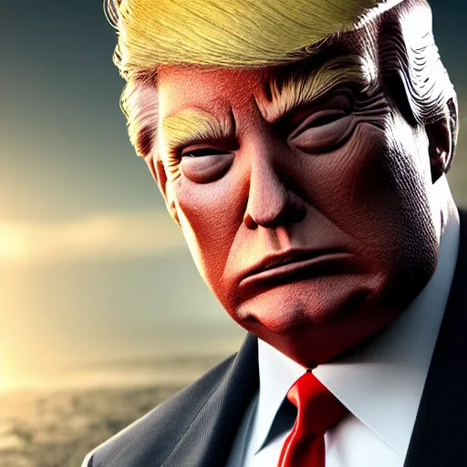 Image similar to Donald trump with predator body, realistic artstyle, wide shot, dramatic lighting, octane render, hyperrealistic, high quality, highly detailed, HD, beautiful, cinematic, 8k, unreal engine, facial accuracy, symmetrical