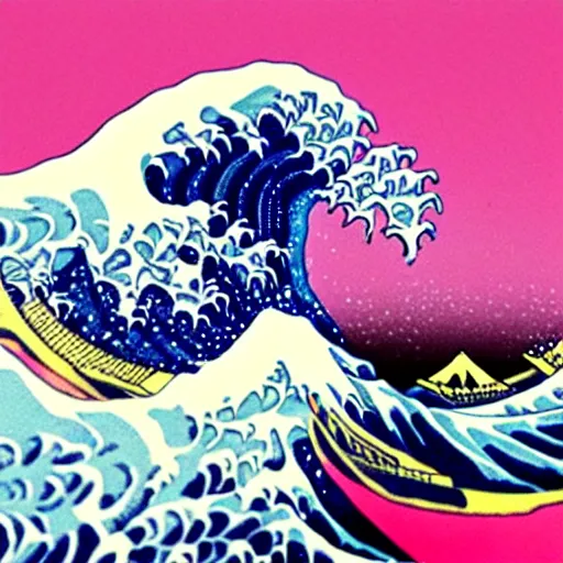 Image similar to the great wave off kanagawa with pink lava and fire, rococo, hyperreal, detailed, 4 k