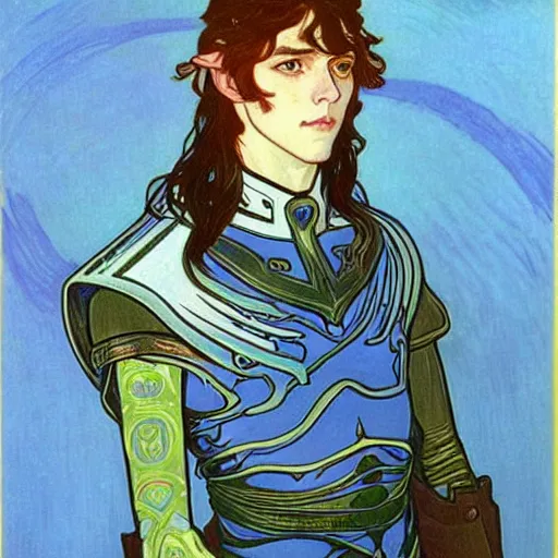 Image similar to portrait painting of young handsome beautiful paladin elf!! man with long! wavy dark hair and blue eyes in his 2 0 s named taehyung minjun james, pale, wearing armor!, gorgeous hair, elf ears, icy eyes, elegant, cute, delicate, soft facial features, art by alphonse mucha, vincent van gogh, egon schiele,