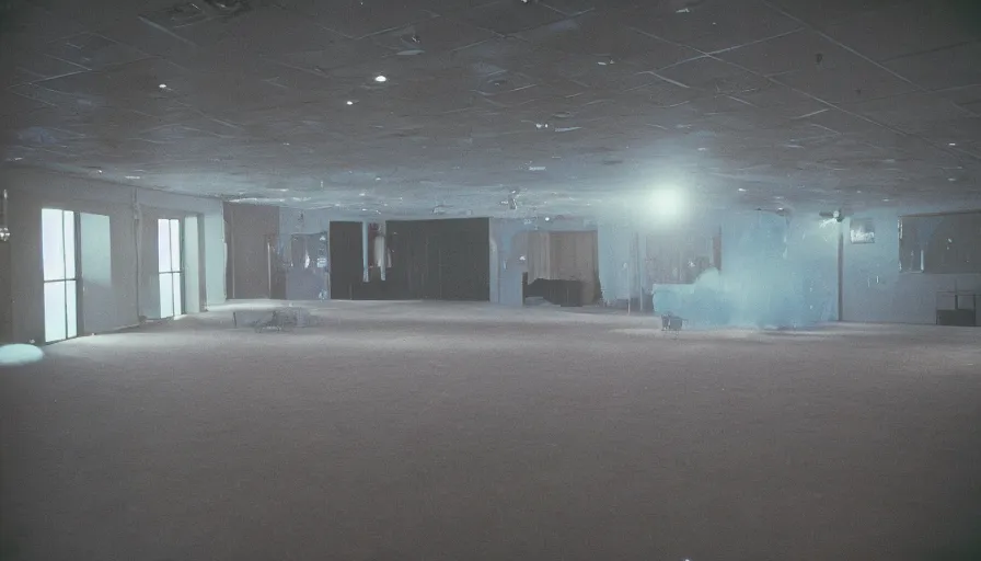 Prompt: 70s movie still of liminal space ballroom , cinestill 800t Technicolor, heavy grain, high quality, criterion collection