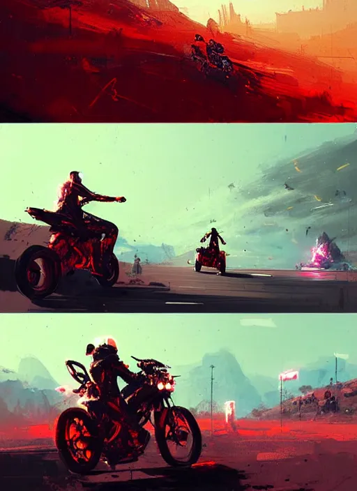 Prompt: sci - fi art, motorbikers race in hell, red peaks in the background, art by ismail inceoglu