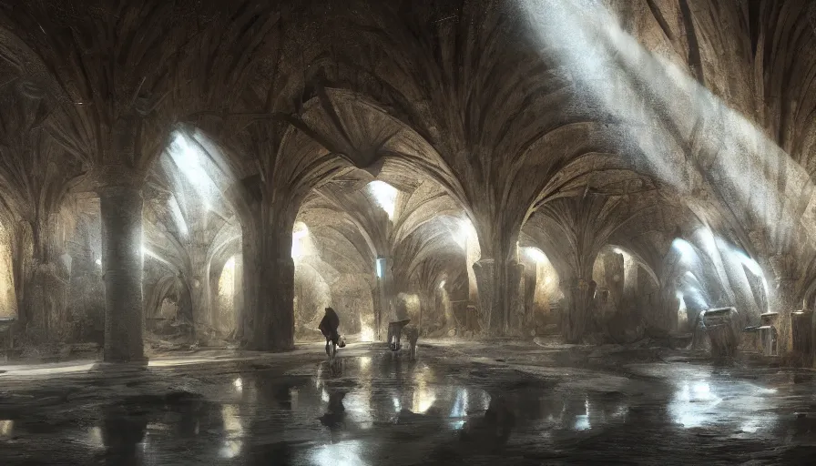 Image similar to medieval salt mine interior, light, shadows, reflections, epic composition, intricate, elegant, volumetric lighting, digital painting, highly detailed, artstation, sharp focus, illustration, concept art, ruan jia, steve mccurry