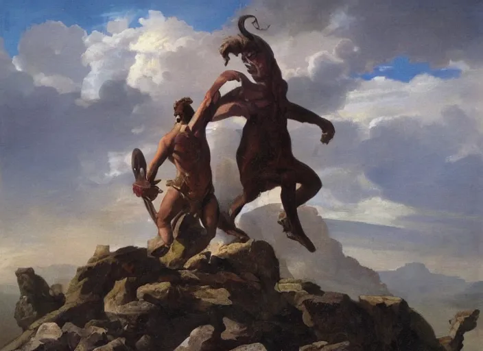 Prompt: a painting of a minotaur on a mountaintop giving a lecture on peak minotaur body fitness, and detailing how you too can achieve this perfection, epic painting, epic composition, trending on minotaurstation