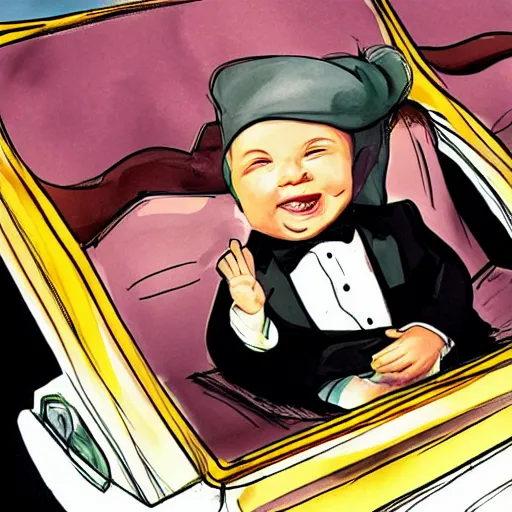 Prompt: portrait of a smug baby in a tuxedo riding in the back of a limo, medium shot, highly coherent, saga comic, fiona staples